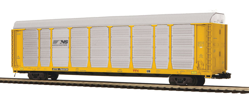 Enclosed Corrugated Auto Carrier - 3-Rail - Ready to Run - Premier(R) -- Norfolk Southern ETTX (TTX Flat, yellow w/Forward Logo, silver, Horse Head L