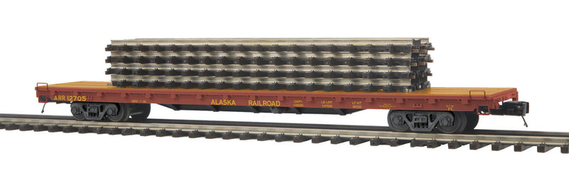 60' Flatcar w/4 ScaleTrax 10" Straight Load - 3-Rail - Ready to Run - Premi -- Alaska Railroad (blue, yellow)-1