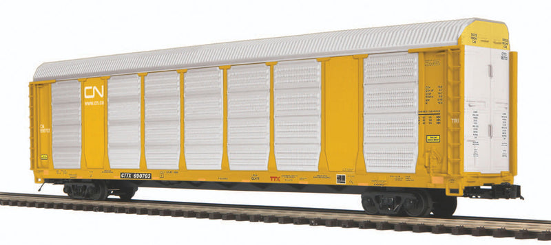 Enclosed Corrugated Auto Carrier - 3-Rail - Ready to Run - Premier(R) -- Canadian National (silver, yellow, Website Noodle Logo, TTX Flat w/Forward L