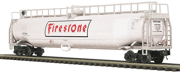 33,000-Gallon Tank Car - 3-Rail - Ready to Run - Premier -- Firestone GATX (white, black, red)