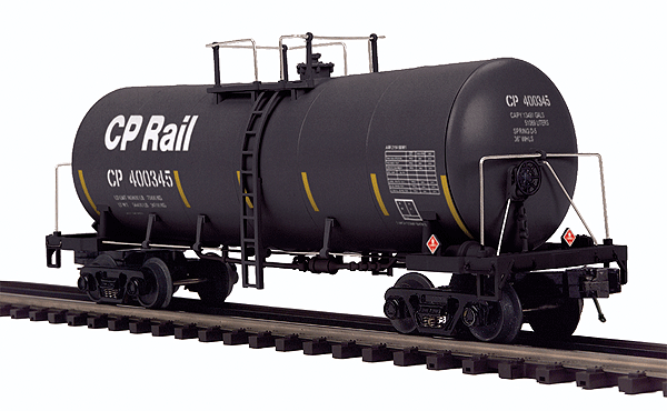 Premier Funnel-Flow Tank Car - 3-Rail - Ready to Run -- Canadian Pacific #400345 (black, yellow Conspicuity Markings, CP Rail Letter