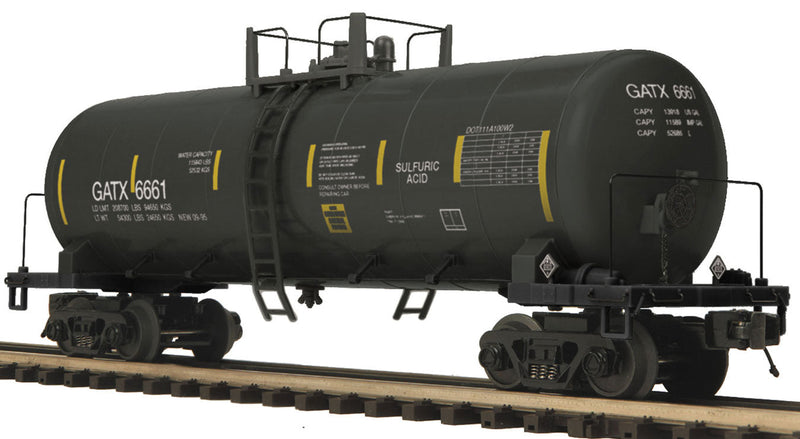Tank Car - 3-Rail - Ready to Run - Premier(R) -- GATX (black, yellow Conspicuity Marks, Sulfuric Acid Service)