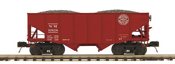 Premier 2-Bay Fishbelly Hopper - 3-Rail - Ready to Run -- Western Maryland (brown, Fast Freight Logo)