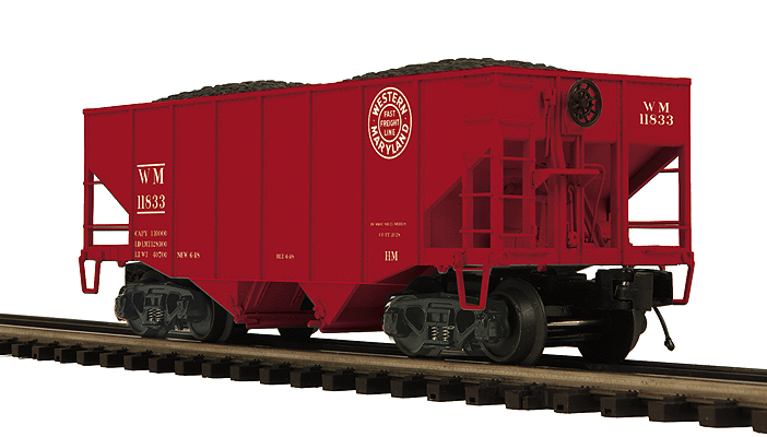 2-Bay Fishbelly Hopper - 3-Rail - Ready to Run - Premier(R) -- Western Maryland (red, white, Fast Freight Logo)