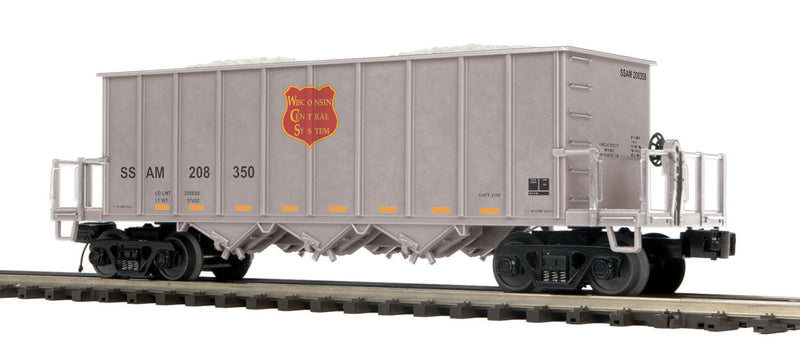 3-Bay Rapid-Discharge Hopper - 3-Rail - Ready to Run - Premier(R) -- Wisconsin Central (gray, maroon, yellow, Conspicuity Marks)