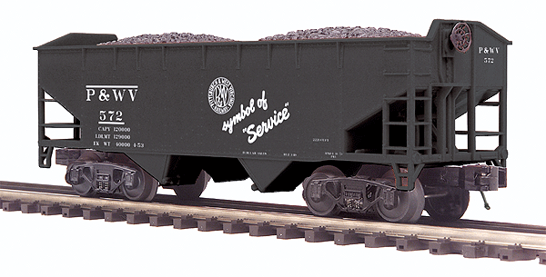 Premier 2-Bay Offset Hopper w/Coal Load - 3-Rail - Ready to Run -- Pittsburgh & West Virginia #572 (black, Symbol of Service Slogan)
