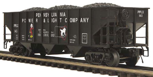 Premier 70-Ton 3-Bay Hopper w/Coal Load - 3-Rail - Ready to Run -- Pennsylvania Power & Light (black, white, Reddy Kilowatt Logo)