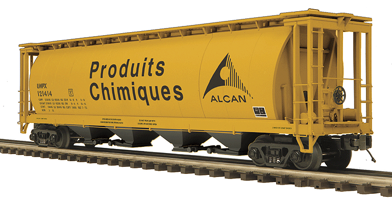 100-Ton 4-Bay Cylindrical Covered Hopper - 3-Rail - Ready to Run - Premier(R) -- Alcan (yellow, black, Billboard French Lettering)