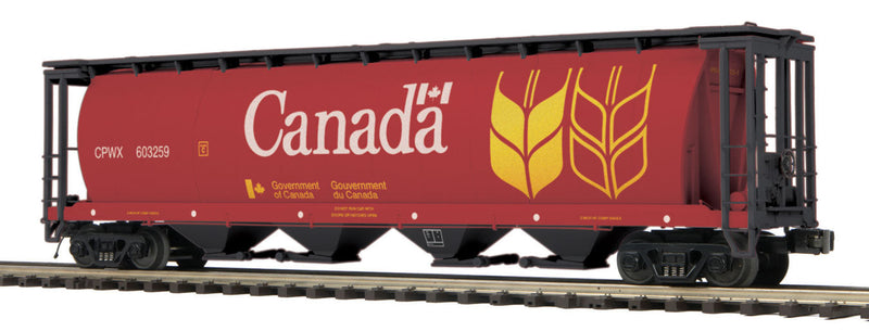 100-Ton 4-Bay Cylindrical Covered Hopper - 3-Rail - Ready to Run - Premier(R) -- Government of Canada CPWX (red, black, yellow, white)