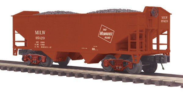 2-Bay Offset-Side Steel Hopper - 3-Rail - Ready to Run - Premier(R) -- Milwaukee Road (Boxcar Red, TMR Logo)