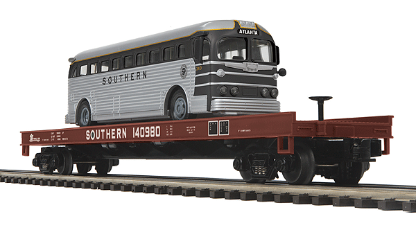 Premier Flatcar w/Die Cast Bus Load - 3-Rail - Ready to Run -- Southern Railway (Boxcar Red), SOU Bus (silver, black)