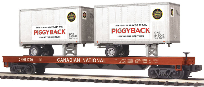 Premier Flatcar w/2 20' Trailer Load - 3-Rail - Ready to Run -- Canadian National (Boxcar Red, white Trailers)