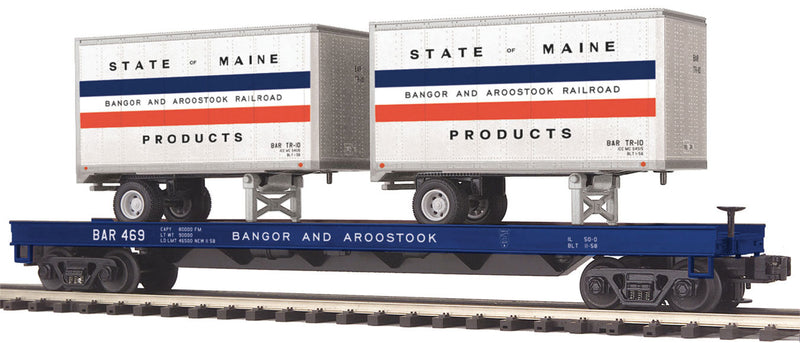 Premier Flatcar - 3-Rail - Ready to Run -- With 2 20' Trailers Bangor & Aroostook (blue Flat; State of Maine Trailers)