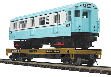 Premier Steel 60' Flatcar w/R-36 Subway Car Load - 3-Rail - Ready to Run -- Trailer-Train #940427 (yellow, black w/light blue, white Subway Car)