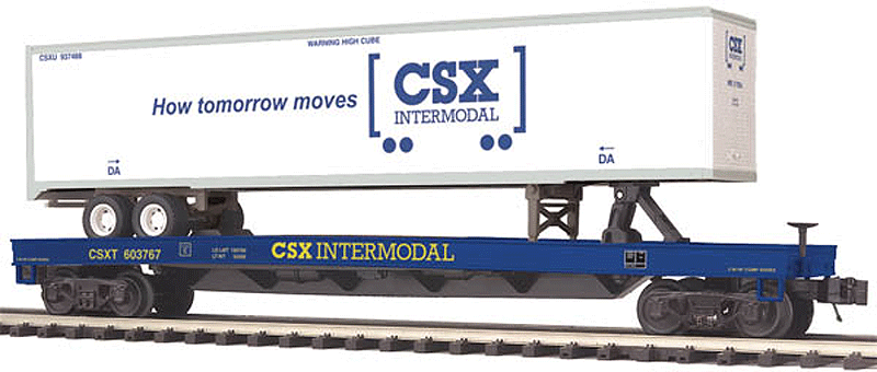 Flatcar w/48' Trailer - 3-Rail - Ready to Run - Premier -- CSX (blue, yellow Flatcar w/white, blue Trailer, Boxcar Logo)