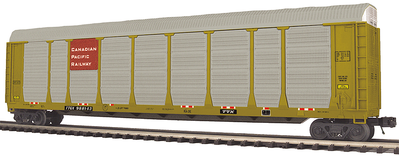 Enclosed Corrugated Auto Carrier - 3-Rail - Ready to Run - Premier(R) -- Canadian Pacific (silver, yellow, red Rack; yellow TTX Flat)