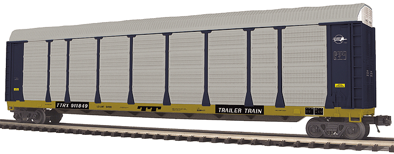 Enclosed Corrugated Auto Carrier - 3-Rail - Ready to Run - Premier(R) -- Missouri Pacific (silver, blue Rack; yellow Trailer-Train Flat)