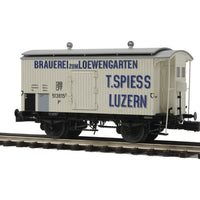 Premier European Beer Reefer w/Hi-Rail Wheels - 3-Rail - Ready to Run -- Brauerei Loewengarten (cream, blue)