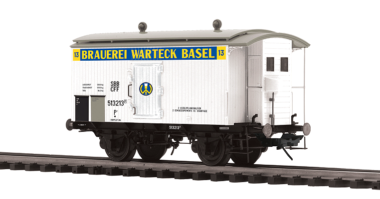 Premier European Beer Reefer w/Hi-Rail Wheels - 3-Rail - Ready to Run -- Brauerei Warteck Basel (white, blue)-1