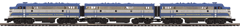 EMD F7 A-B-A Set w/Proto-Sound 3.0 - 3-Rail w/Scale Wheels - Premier(R) -- Richmond Fredericksburg & Potomac #1106, 1156, 1108 (blue, gray, black)