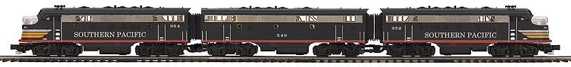 EMD F7 A-B-A Set w/Proto-Sound 3.0 - 3-Rail w/Scale Wheels - Premier(R) -- Southern Pacific 352, 543, 354 (Black Widow, black, red, orange, silver)