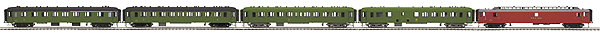 OCEM 5-Car Passenger Set w/Scale Wheels - 3-Rail - Ready to Run - Premier -- French National Railways SNCF (maroon RPO, green Coaches & Combine)