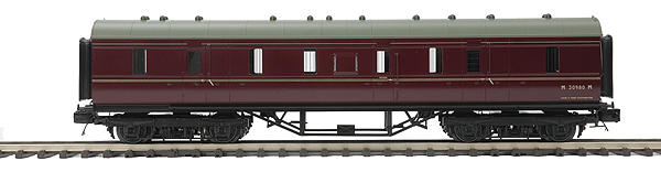 LMS Standard Baggage Car - Fine Scale 2-Rail - Ready to Run - Premier -- British Railways (maroon, gray)