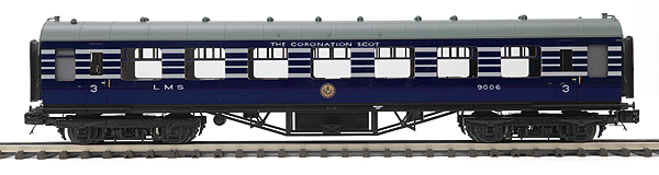 LMS Standard Passenger Car - Fine Scale 2-Rail - Ready to Run - Premier -- London, Midland & Scottish Railway #9006 (Coronation Scot, blue, gray)