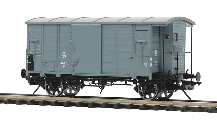 Gedeckter Wood Boxcar w/Scale Wheels - 2-Rail - Ready to Run - Premier -- Swiss Federal Railways SBB-CFF (gray)