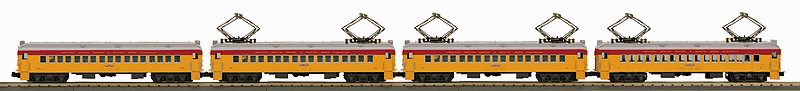 MP54 1 Powered/3 Unpowered Set - 3-Rail w/Proto-Sound 3.0 - RailKing(R) -- Chicago, South Shore & South Bend #3, 17, 36, 205 (orange, maroon, silver)