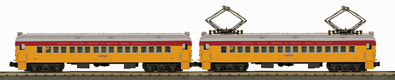 MP54 Unpowered 2-Car Set - 3-Rail - RailKing(R) -- Chicago, South Shore & South Bend #5, 210 (orange, maroon, silver)