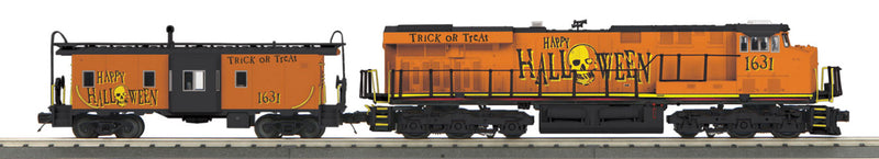 GE ES44AC w/Caboose - 3-Rail w/Proto-Sound 3.0 -- Halloween #1631 (orange, yellow, black; Happy Halloween" Slogan)-1