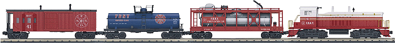 Railking Diesel Freight Ready to Run Train Set w/Loco Sound -- Rescue 2 Fire Rescue Set NW2 & 3 Cars w/Track & Pack (Patriotic Colors)