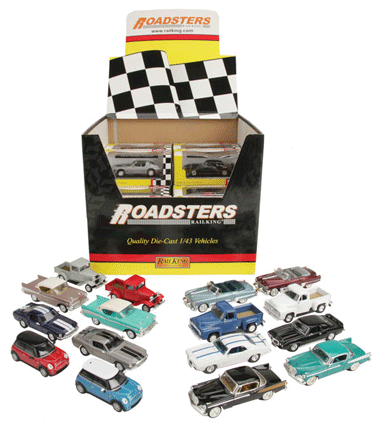 Roadster Hardtop Asst (4 Each: 57 Chevy Belair, 49 Cadillac, 69 Shelby GT-50 -- 34 Ford Pickup, '53 F100, '69 Firebird, 58 Studebaker Golden Hawk, Mini Coo