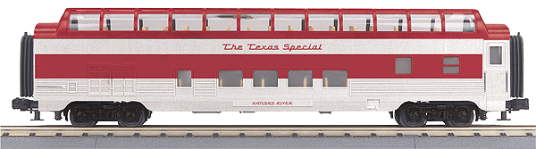 RailKing(R) ABS Streamlined 60' Full-Length Vista Dome - 3-Rail - Ready to Run -- Missouri-Kansas-Texas (Texas Special, silver, red)