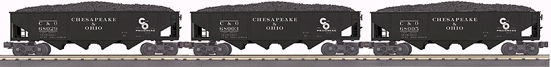 4-Bay Hopper w/Load 3-Pack - 3-Rail - Ready to Run - RailKing(R) -- Chesapeake & Ohio #68029, 68003, 68005 (black, Progress Logo)