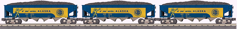 4-Bay Hopper w/Load 3-Pack - 3-Rail - Ready to Run - RailKing(R) -- Alaska Railroad #10733, 10742, 10756 (blue, yellow, At Your Service Slogan)