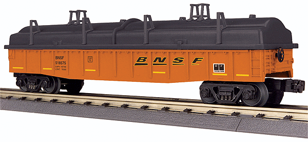 RailKing(R) Gondola w/Coil Cover - 3-Rail - Ready to Run -- BNSF Railway #518575 (orange, black, yellow Conspicuity Stripes, Wedge Logo)