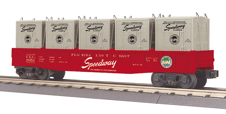Gondola w/LCL Containers - 3-Rail - Ready to Run - RailKing(R) -- Florida East Coast #2056 (red, white, Speedway Slogan, Flagler Logo)-1
