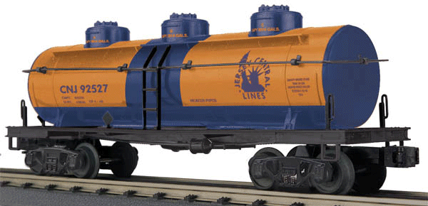 RailKing(R) 3-Dome Tank Car - Ready to Run -- Central Railroad of New Jersey #92527 (blue, orange)