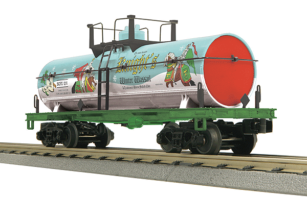RailKing(R) Operating Smoking Tank Car - 3-Rail - Ready to Run -- Knight's Winter Wassail #1211 (light blue, white, red, green)