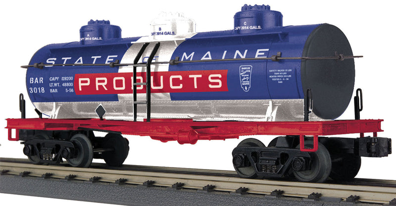 3-Dome Tank Car - 3-Rail - Ready to Run - RailKing(R) -- Bangor & Arrostook BAR #3018 (blue, red, silver, State of Maine Slogan)