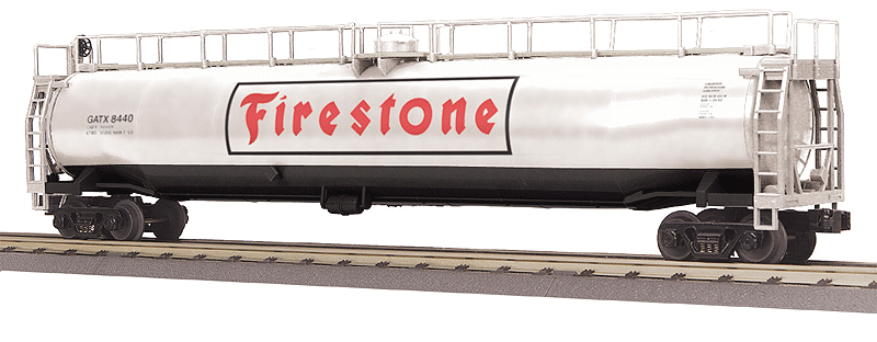 33,000-Gallon Tank Car - 3-Rail - Ready to Run - RailKing(R) -- Firestone GATX #8440 (white, black, red)