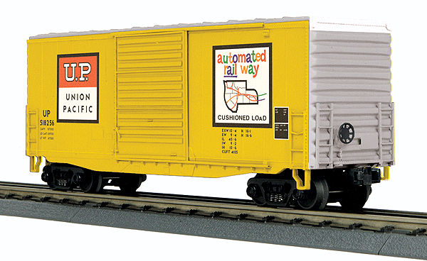 RailKing High-Cube Boxcar - 3-Rail - Ready to Run -- Union Pacific #518256 (Armour Yellow, gray, Automated Railway & Soup Can Log