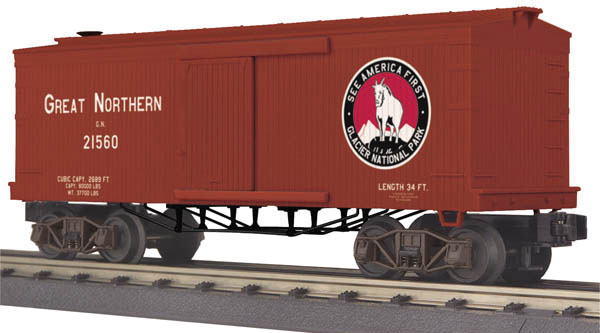 RailKing 19th Century 34' Wood  Boxcar - 3-Rail - Ready to Run -- Great Northern #21560 (Boxcar Red, See America First Logo)