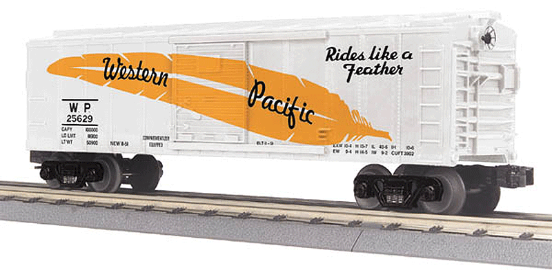 Boxcar - 3-Rail - Ready to Run - RailKing(R) -- Western Pacific #25629 (silver, orange, Rides like a Feather Slogan)
