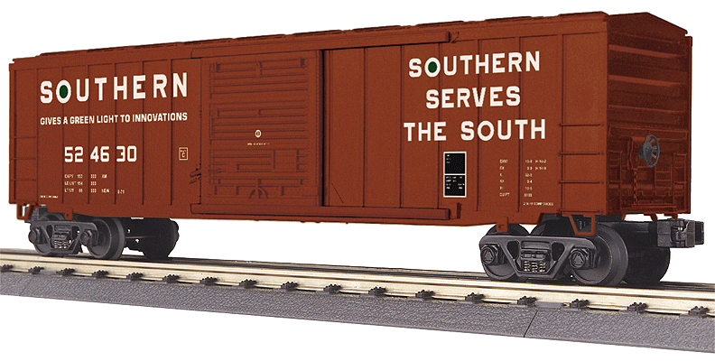 50' Modern Single-Door Boxcar - 3-Rail - Ready to Run - RailKing(R) -- Southern Railway #524630 (Boxcar Red, Serves the South/Green Light Slogans)