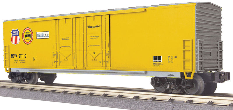 50' Double Plug-Door Boxcar - 3-Rail - Ready to Run - RailKing(R) -- Union Pacific MCVX #911119 (Safety Train, yellow, Safety Logos)