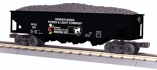 RailKing(R) 4-Bay Hopper w/Coal Load - 3-Rail - Ready to Run -- Pennsylvania Power & Light PPLX #100 (black, Reddy Kilowatt Logo)