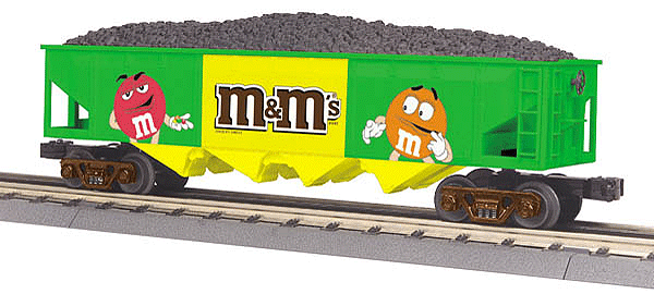 4-Bay Open Hopper - 3-Rail - Ready to Run - RailKing(R) -- M&Ms (yellow, green, M&Ms Characters)